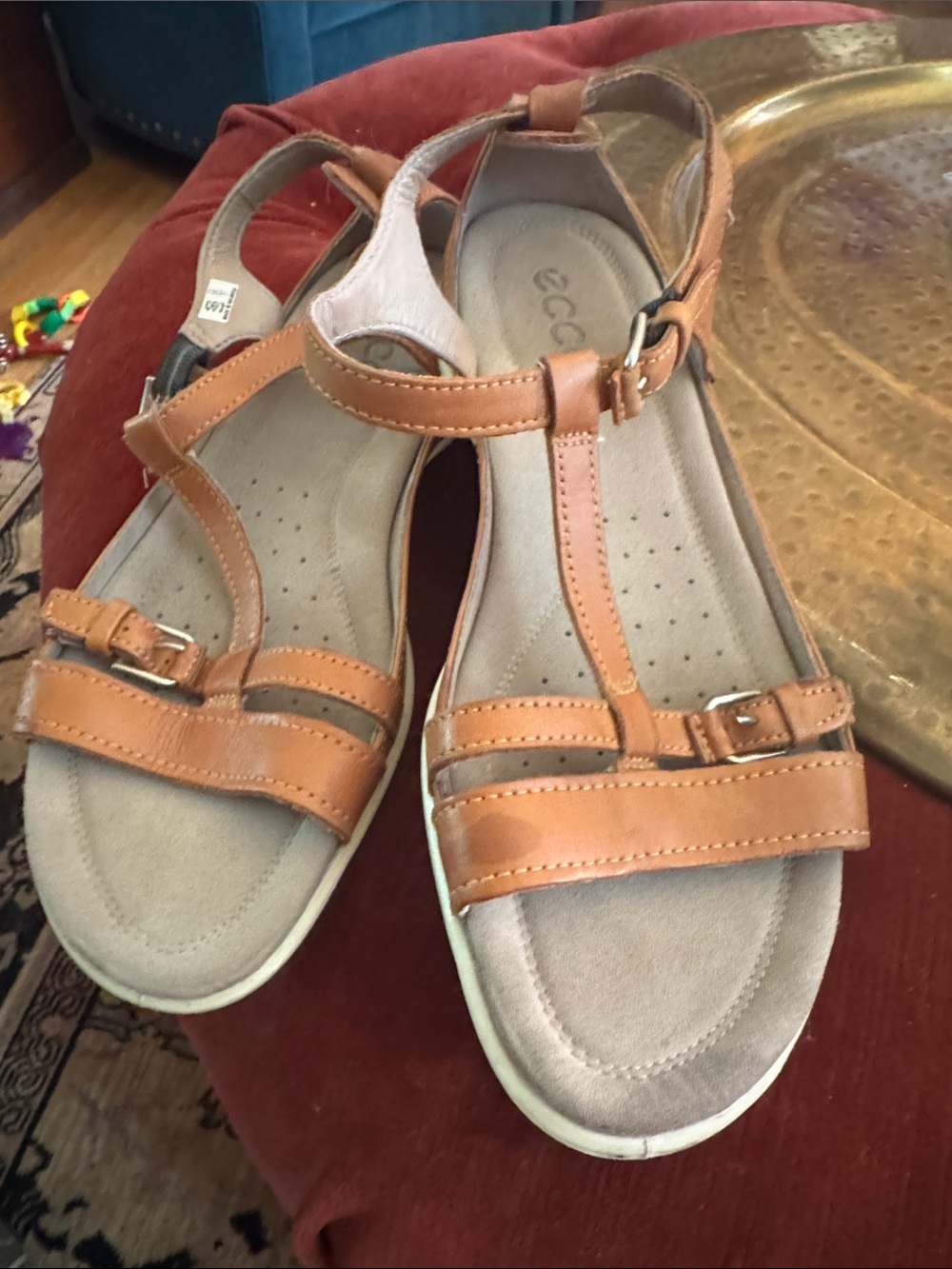 Ecco Women's Tan Leather T-Strap Sandals